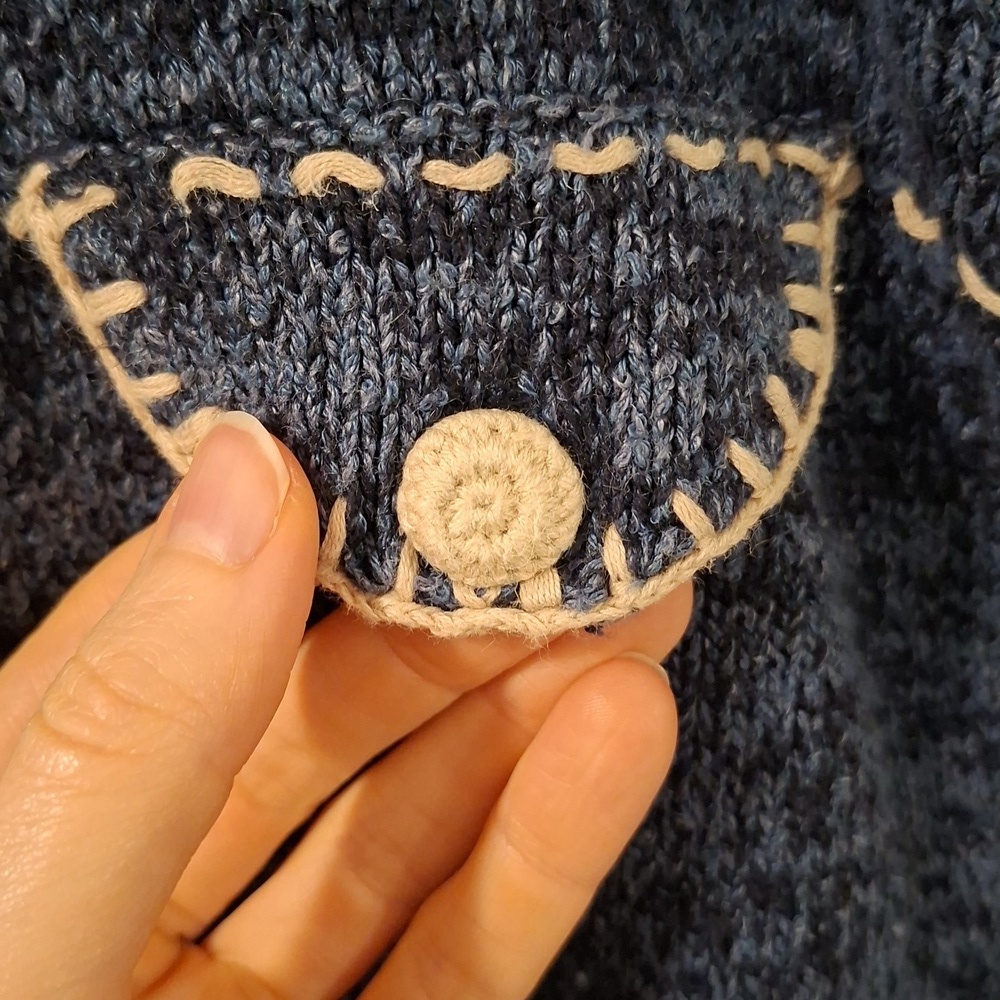 Vintage Blue Polo-neck Cardigan with Cream Crochet & Blanket Stitch (Size S) - Picture 7 of 10
